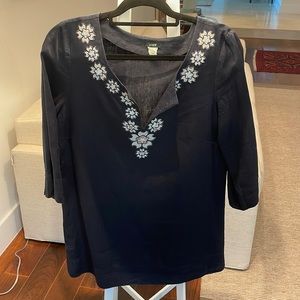 J.Crew navy blue linen tunic with embellished v-neck